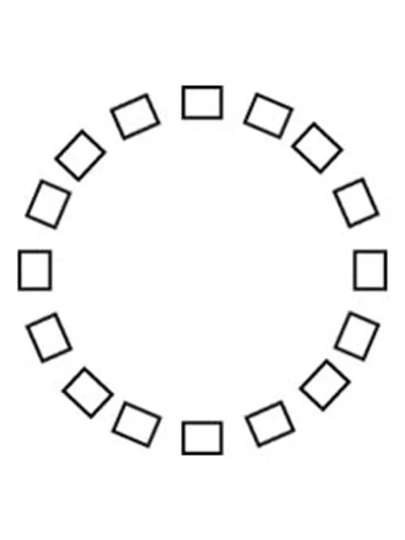 Sixteen black squares arranged in a circular pattern on a white background