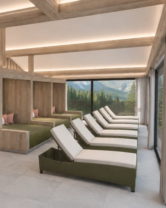 Luxus-Spa-Lounge mit Holzeinrichtung, Relaxliegen und Waldblick