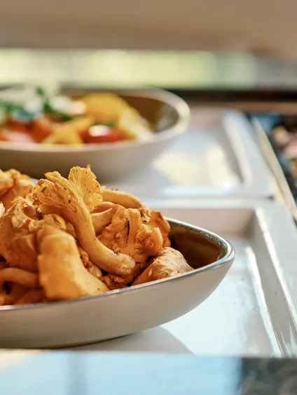 Buffet mit frischen Pfifferlingen, gemischtem Gemüse und Blattsalat
