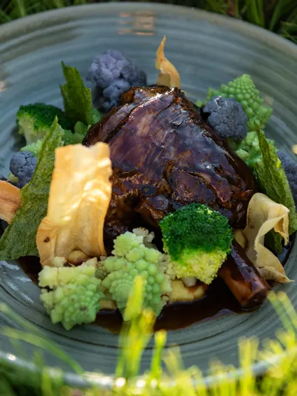 Geschmorte Lammhaxe mit Brokkoli, Romanesco, violettem Blumenkohl und Gemüsechips auf Keramikteller