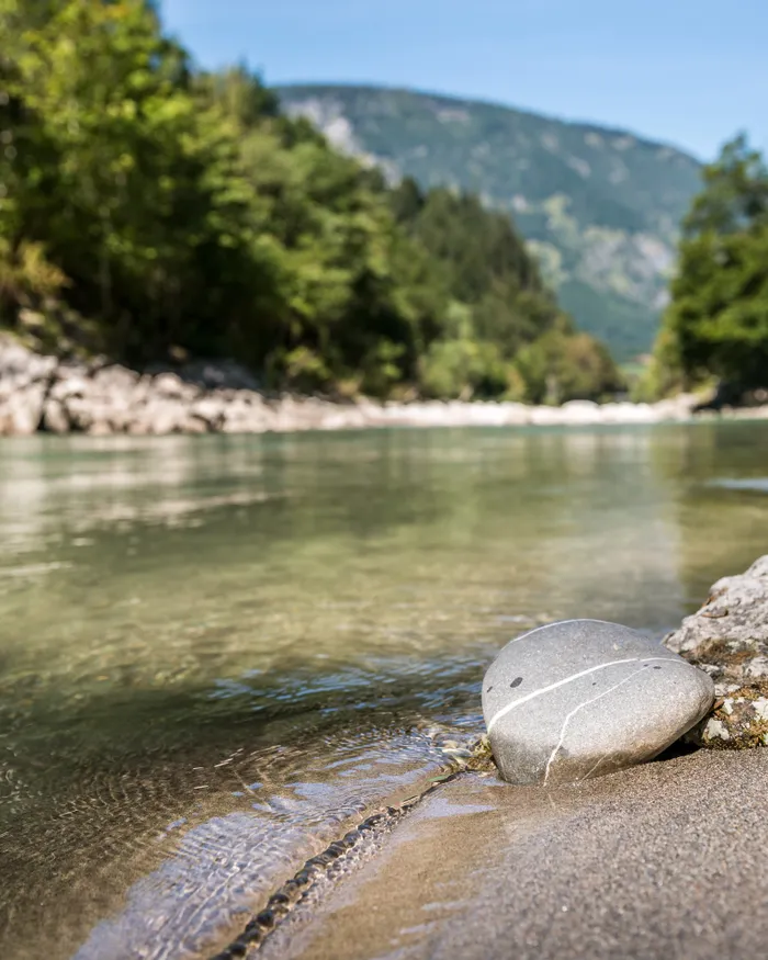 Fiume di montagna limpido con pietre lisce sulla riva sabbiosa in una valle boschiva