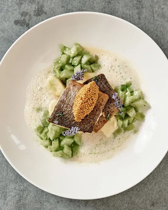 Gourmetgericht mit Fischfilet, Senfkörnern, Gurkenwürfeln und Schaumsauce