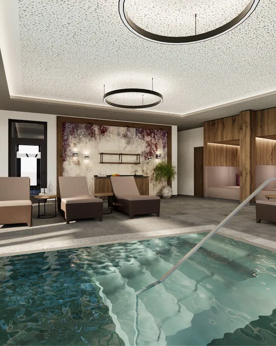 Luxuriöser Innen-Spa mit modernen Liegestühlen und Pool