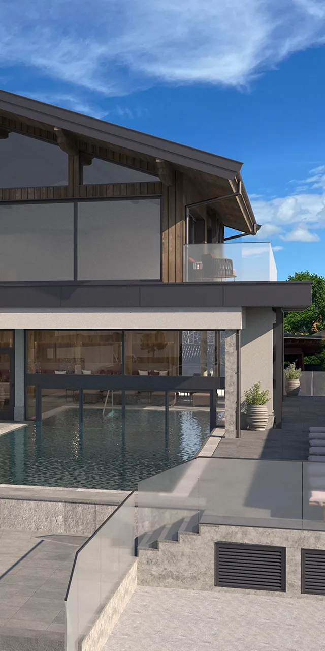 Modernes Luxushaus mit Pool und Sonnenliegen an einem sonnigen Tag