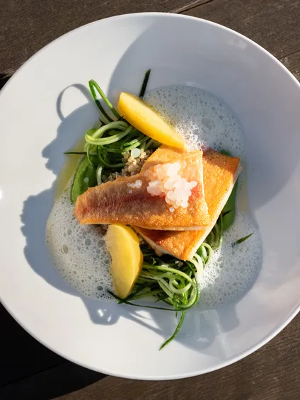 Gourmet Fischfilet mit Schaum, Zucchininudeln und Kartoffelspalten angerichtet