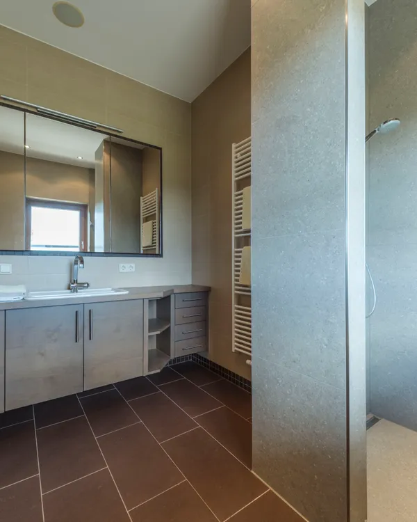 Modern bathroom with large mirror, sink, brown cabinets, and glass shower