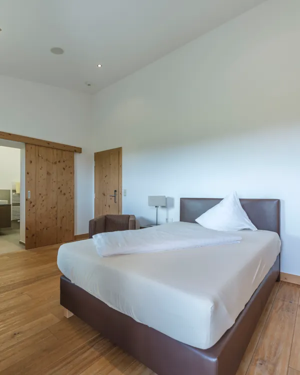 Modernes Hotelzimmer mit Holzboden, Doppelbett, Fernseher, Schreibtisch und Badezimmereingang