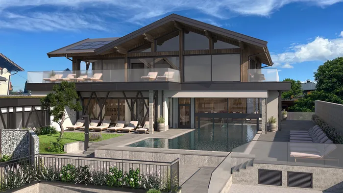 Modernes Luxushaus mit Pool und Sonnenliegen an einem sonnigen Tag