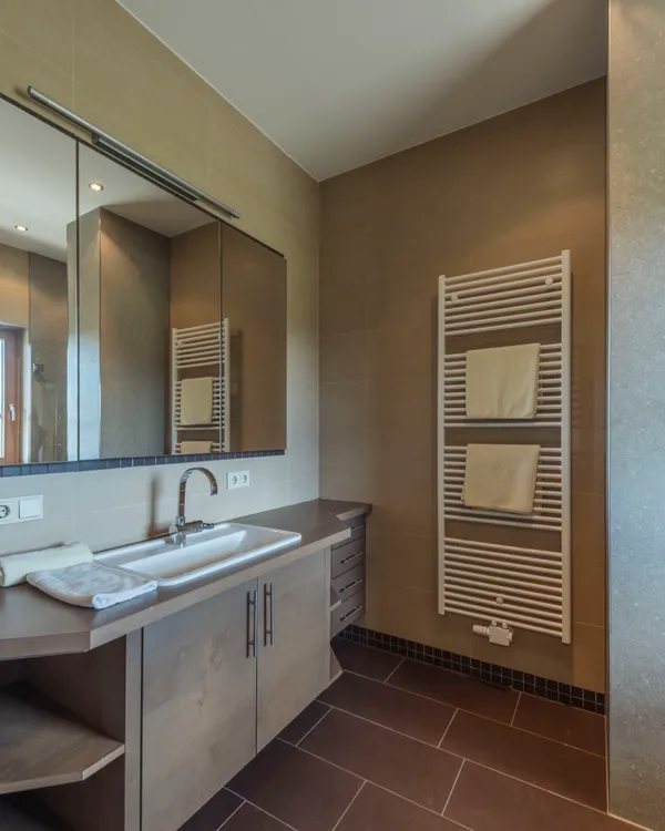 Modern bathroom with large mirror, sink, and towel rack