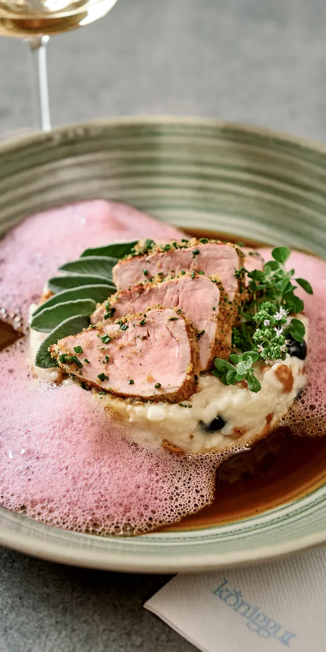 Gourmet-Schweinefilet auf Risotto mit rotem Schaum und Kräutern, serviert mit Weißwein
