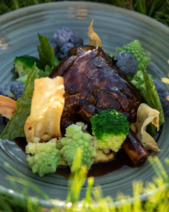 Geschmorte Lammhaxe mit Brokkoli, Romanesco, violettem Blumenkohl und Gemüsechips auf Keramikteller