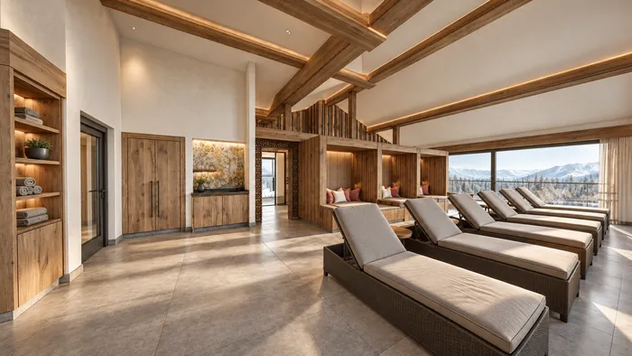 Luxus-Spa-Lounge mit Holzeinrichtung und Bergblick durch große Fenster