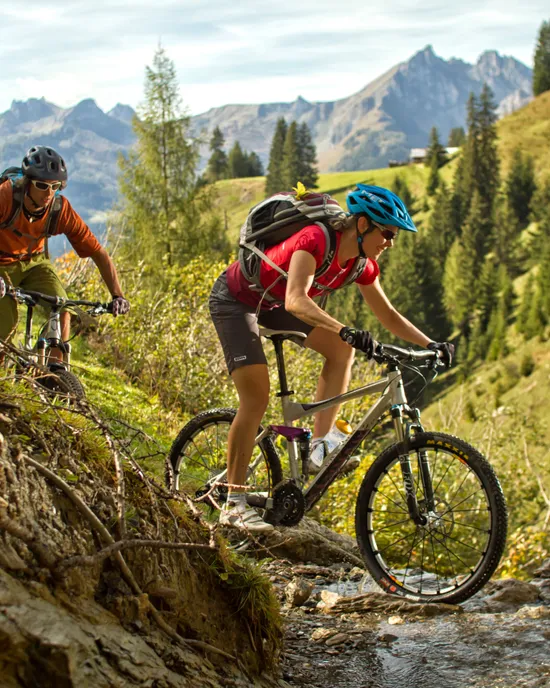 Mountainbiker auf einem alpinen Pfad mit malerischer Aussicht auf die Berge