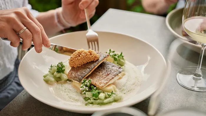 Gourmet fish fillet with mustard seeds, creamy sauce and herbs on a white plate