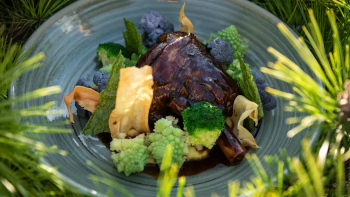 Geschmorte Lammhaxe mit Brokkoli, Romanesco, violettem Blumenkohl und Gemüsechips auf Keramikteller