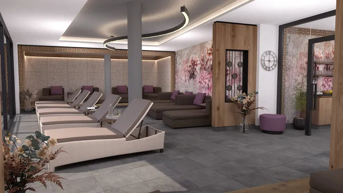 Moderner Spa-Lounge mit beigen Liegen und dekorativen Blumenwandkunst