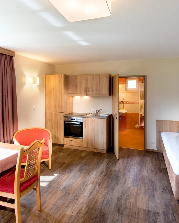 Helles Studio-Apartment mit Kochnische, Esstisch, Einzelbett und Blick ins Badezimmer