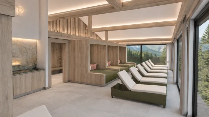 Luxus-Spa-Lounge mit Holzeinrichtung, Relaxliegen und Waldblick
