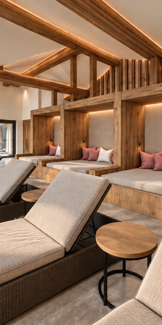 Luxus-Spa-Entspannungsraum mit Reihen von Liegestühlen und Holzdekor