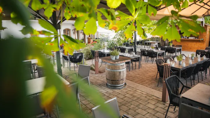 Restaurantterrasse im Freien mit schwarzen Stühlen, gedeckten Tischen und grünen Pflanzen unter Laubbäumen