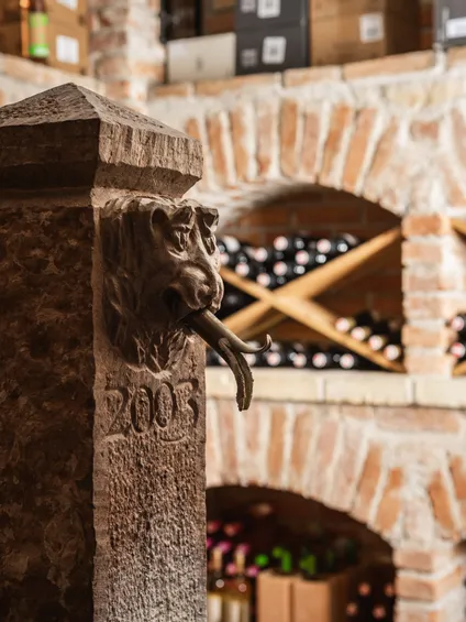 Fontana in pietra con leone e incisione 2005 in cantina rustica con scaffali per bottiglie